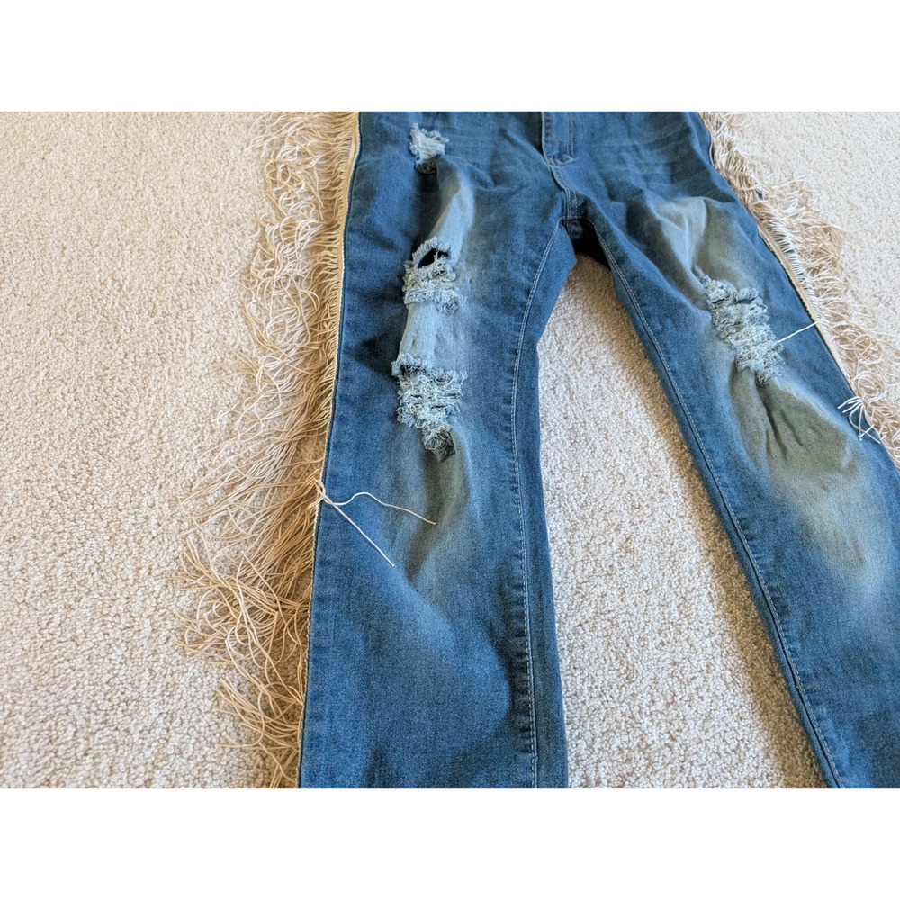 Mundefeis Womens Denim Fringe Boho Jeans XL Blue Distressed Straight Leg - Picture 3 of 14